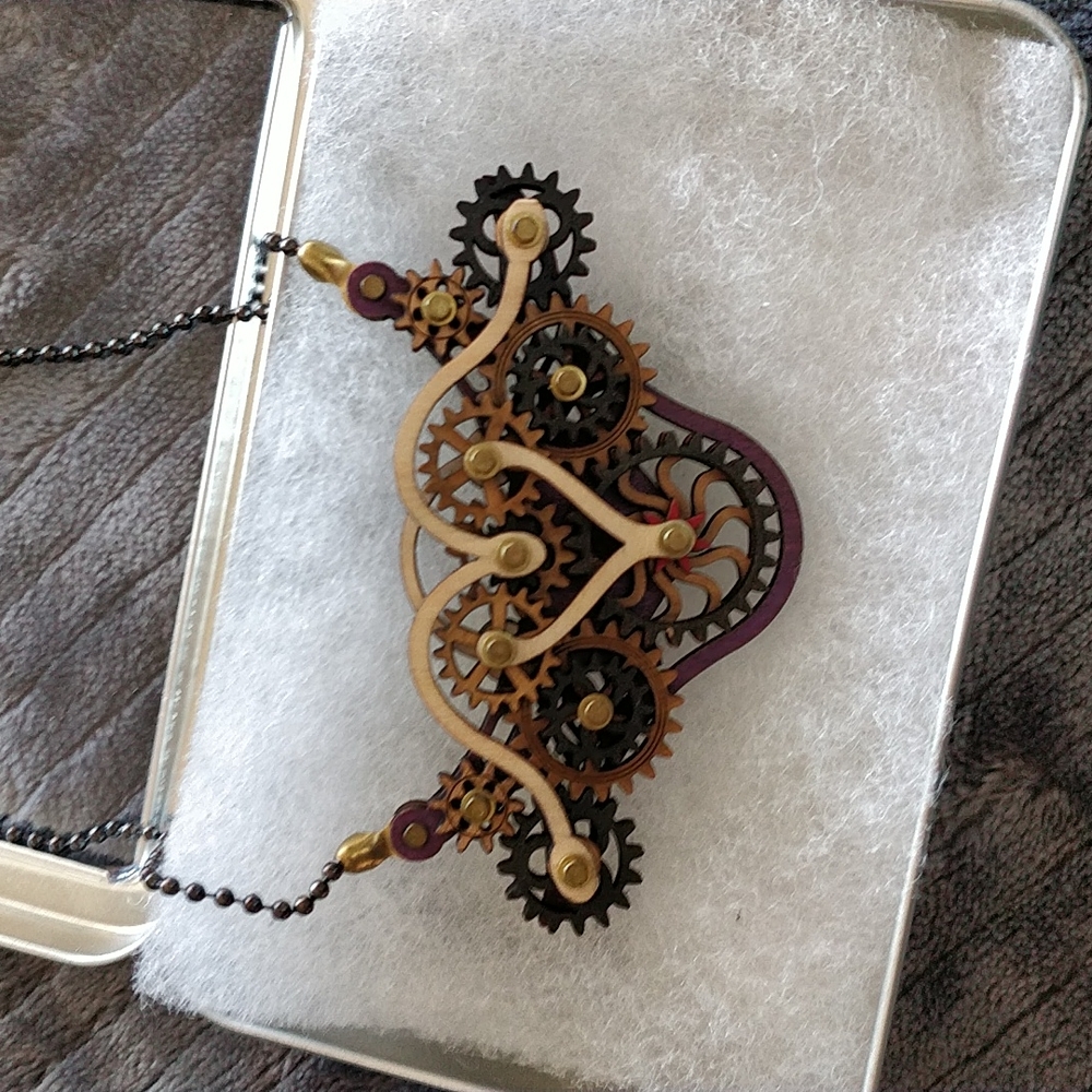 Kinetic Winged Gear Necklace - wooden gears engage & turn!